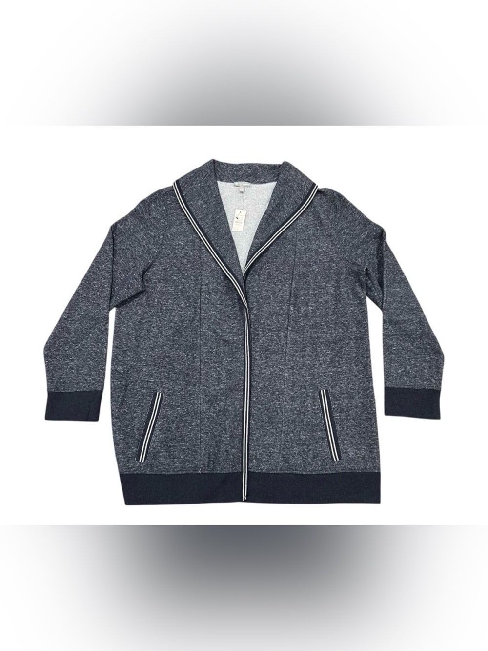 NEW T By Talbots Woman Open Front Fleece Cardigan Sweater Size X Navy/White Plus